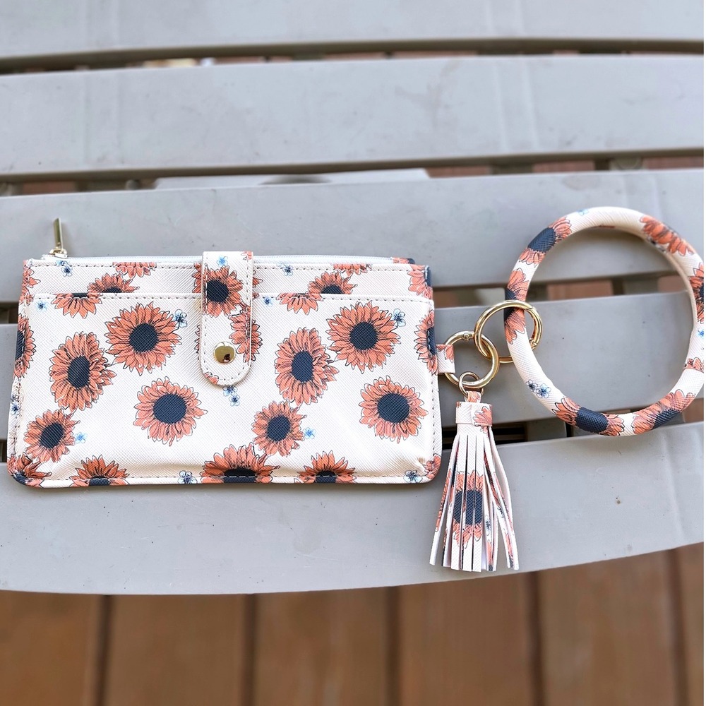Sunflower Wristlet Keychain Card Holder Wallet Bangle‎ Key Ring Purse